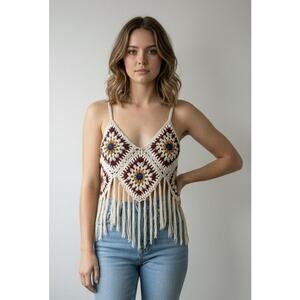 Granny Square Crochet Fringe Festival Boho Crop Top, Medium